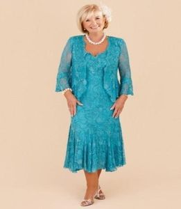 Mother Off Bride Dresses V Neck Turquoise Full Lace Long Sleeves Tea Length Sheath Plus Size Prom Party Mother039s Dresses Jack1205516