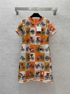 Designer Evening Dreess Womens Dress Summer New Orange Color Matching Checkered Small Car Pattern Tryckt med hög midja