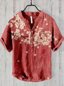Men's Casual Shirts Summer Fashion Retro Plum Blossom Sunrise Japanese-style Shirt Mens Short Sleeve Band Collar Henley Tops