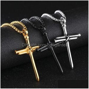 Pendant Necklaces Mens Nail Cross Fashion Stainless Steel Link Chain Necklace Black Rose Gold Sier Punk Style Hip Hop Jewelry For Wome Dhvoq