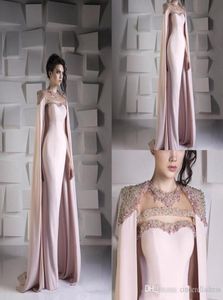 Sexy Amazing Mermaid Evening Dresses With Cape Bead Crystal Sequined Jewel Satin Formal Prom Dress Arabic Dubai Wrap Gowns Vestido1415282