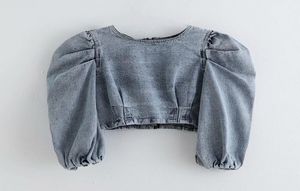 Frauen Vintage Puffärmelflecken Denim lässige kurze Blusen Ladies O Hals Rücken Reißverschluss Chic Hemd Herbst Jeans Blusas Tops LS4500 V7160904