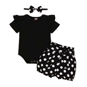 Giyim setleri 0-18 aylık kız bebek seti siyah kısa kollu sıkı oturma kıyafetleri+Polka nokta şortları+kafa bandı yenidoğan yaz modası 3 parçalı H240530 5ayo