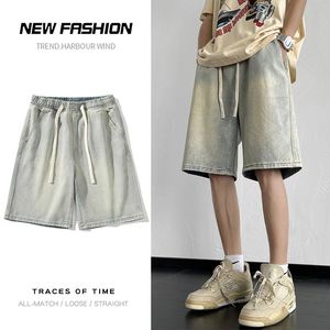 Summer Korean Style Mens Denim Shorts Loose Straight Wideleg Elastic Midje Baggy Short Jeans Mane Brand Clothes 240514