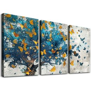 Large Framed Canvas Wall Art Blue Tree Golden Butterflies Picture Abstract Grey Graffiti Canvas Prints Ready to Hang for Living Room Bedroom 12''x16''X3 Panels