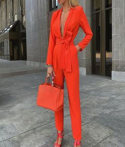 Women039s Two Piece Pants Women039s sexy fashion solid color tie deep V casual jumpsuit Femmel Autumn Long Sleeve Office Lad1694957