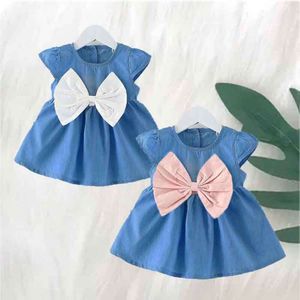 Big Bowknot Toddler Children Dress Solid Denim Baby Vestidos Cute Infants Summer Tutu Kids Clothing for Girls 1-6years L2405