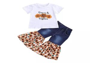 小売/卸売ガール印刷されたトラックスーツの衣類セット2PCSセット半袖トップ+フレアパンツ女の子服の子供デザイナー衣服