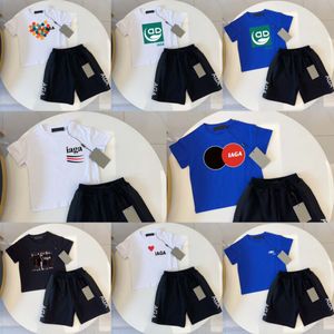 Designer Kids Set Baby Boys Girls T-Shirts Shorts Toddlers Summer Blue Black White Clothes Childrens Girls Summer Clothing Set 2-10 år 02TB#