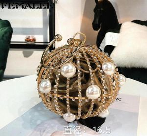 Evening Bags Ball Shaped Hollow Metal Alloy Party Bag Women Gold Cage Pearl Crystal Wedding Clutch Purses Gift Tote Handbags5314219