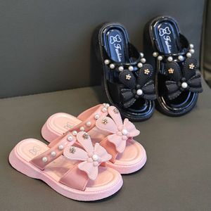 Girls Fashion Cartoon Princess Shoes Summer Soft Sole Non-slip Indoor Slippers Cute Bow Pearl Bathroom Slides Flip Flop