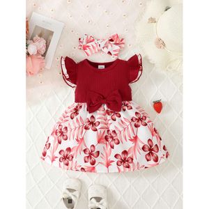 0-2 Year Old Newborn Girl Baby Flying Sleeves Printed Pit Stripe Fabric Dress L2405 L2405