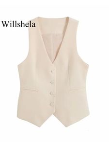 Willshela kvinnor mode med fickor en breasted ärmlös jacka vintage vneck väst kvinnlig kontor lady waistcoats 240527
