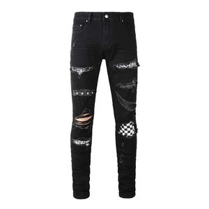 Erkekler pantolon sokak moda erkek kot punk tarzı sıska pantolon yeni rock siyah yırtılmış streç kot pantolon ekose tasarımcı marka erkek pantolon a8538 s2452411