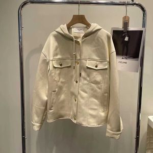 Cess New Classic Leather Coat Casual Fashion Versatile Show Elegance White Hooded