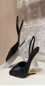 최고 품질의 최초의 가죽 샌들 신발 여성 대각선 Fshaped 슬링 백 하이 휠 레이디 포인트 발가락 펌프 파티 결혼식 gladiat8445140