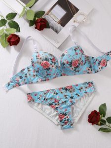 Bras Sets Elegant Print Bra And Underwear Lace-trimmed Set Lingerie For Women