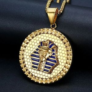 Hip Hop Egyptian Pharaoh Pendant Necklace for Men Golden Color 14K Gold Round Necklace Egypt Jewelry
