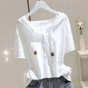 Bomullshuven vit kortärmad t-shirt för kvinnor sommaren 2024, ny lös montering hoodie för bantning och magtäckning, trendig topp