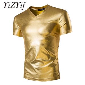 Men's T-Shirts Night Club Wear Mens Shiny Metallic T-shirt Slim Fit Gold Shirt Fashion Men Short Sleeve Tops For Disco Party Club Stage Come S53105