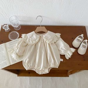 Flickor romper lapel spets marin krage långärmad spädbarn bodysuit babykläder 0-2 år gammal