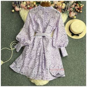 Dress sexy Runway luxury Dress fashion Designer Vintage Mini sexo Dress Hollow Out Embroidery Stand Collar Lantern Sleeve Bow Sashes Lace Up Party Dress 2024news