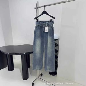 Springsummer New Fashionable Wide Belt Design with Washed Waist Straight Leg Pants Long Jeans
