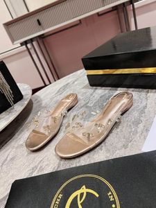 Lyxdesigner original klackade tofflor lady mules glid på bilder gummiklänning skor kvinna platta klackar avslappnade skor tofer loafer sandal spik sommarstorlek 35-44