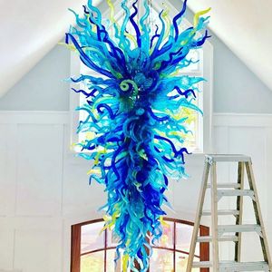 Large Chihuly Glass Pendant Lamps Villa Home Lights LED Big High Ceiling Blue and Green Color Hand Blown Glass Chandelier LED Hanging Chain Lighting