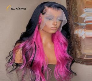 Sidodel ombre rosa spets fram peruk för svarta kvinnor kroppsvåg spets frontala syntetiska peruker värmebeständigt hår4877263