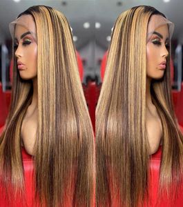 Markera brun blondin färgade mänskliga hår peruker för kvinnor ombre rak spets frontala peruk 4x4 laceclosurewigs5771884