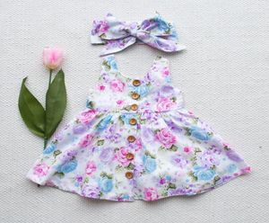 Småbarn barn baby flicka blommig tank klänning match pannband sommaren knapp ärmlös sundress spädbarn flicka kläder1747240