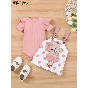 MiniFox Cute Baby Dresses Pink Romper and Dots Dancing Bear Suspender Dress Newborn Infants Sets For Girls L2405 L2405