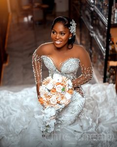 2024 Arabic Aso Ebi Plus Size White Luxurious Mermaid Wedding Dress Crystals Beaded Tiers Organza Bridal Gowns Dresses ZJ226