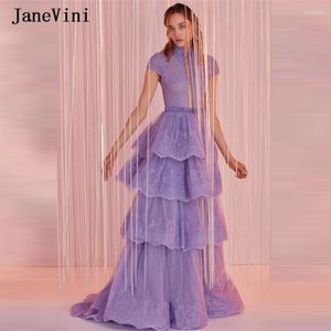 Party Dresses Janevini 2024 Elegant Light Purple Long Prom High Neck pärlor En linje Tiered Tulle spetsapplikationer damer Formell klänning