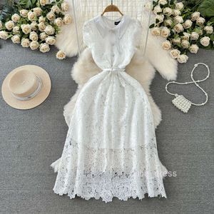 여름 패션 사교적 기질 짧은 슬리브 옷깃 주름 허리 슬리밍 중간 길이 A- 라인 수용성 레이스 드레스