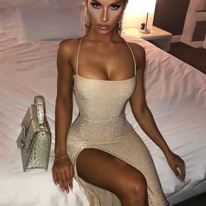 Basic Casual Dresses Backless Dress Summer Womens Sparkling High Split Dress Sleeveless Party Club Set Bandage Sparkling Dress Long Dress J240531