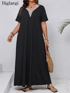 Plus Size Dresses Summer Embroidery Patchwork V-Neck Long Dress Women Ruffle Loose Fashion Pleated Ladies Casual Woman