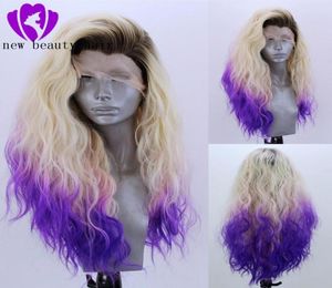 Część Wysokiej temperatury Blond Ombre Purple Peruka Peruca Cabelo 360 Frontal Long Water Wave Pełne włosy Peruki Syntetyczne koronki F4241428