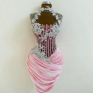 Pink Rhinestone Cocktail Dress Beading Velvet Girls Prom Birthday Dresses Mini Graduation Party Homecoming Gowns