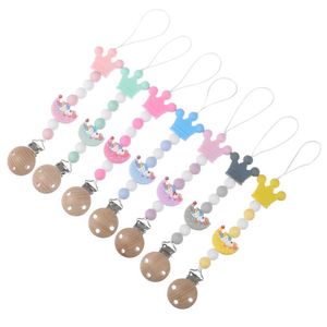 5PCS Pacify Toys Cartoon Moon Silicone Crown Beads Baby Pacifier Chain Beech Wood Nipple Clips For Baby Soother Dummy Holder Chain Care Chew Toy