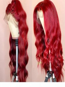 Kroppvågfärgat mänskligt hår spetsar främre peruker 250 densitet HD transparent peruk 99J röd burgund remy brasiliansk peruk för svarta kvinnor6488284
