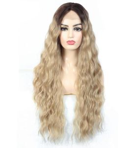 OMBRE DARK ROOTS BLONDE LACE الأمامي للنساء 134 الاصطناعية طويلة متموجة الأوسط فراق طبيعي المظهر 9424807