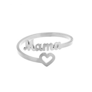 30pcs anel em forma de coração oco com a palavra mamãe mamãe letra letra de aço inoxidável