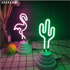 Dropship 3D Flamingo Cactus Shaped Neon Nightlight DC 5V Pink Green Handcrafted Glass Tube Neon Lamp For Festival Decoration 228S
