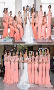 Nigerian African Plus Size Bridesmaid Dresses 2019 Coral Half Long Sleeves Top Lace Sweep Train Maid Of Honor Evening Occasion Gow3709852