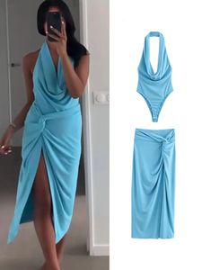 TRAF Elegant Women Halter Bodysuit Suit Summer Female Sleeveless Backless Solid Tops Straight Bow Slipt Skirt Sets 240531