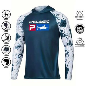 Męskie bluzy bluzy Pelagiczne męskie koszulę z kapturem z kapturem z kapturem z hukiem przeciwsłonecznym UPF 50+ kamuflaż na zewnątrz Moire Wicking Jersey Fishel Fishel Tops Q240530
