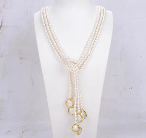 Guaiguai smycken 3 strängar naturliga odlade vita rispärlpärlorat långa tröja kedja halsband handgjorda för kvinnor riktiga jems4021017