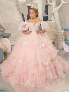 Девушка платья розовый платье принцессы пухлый цветок a-line comunion для свадебной одежды Церемонизация Фил